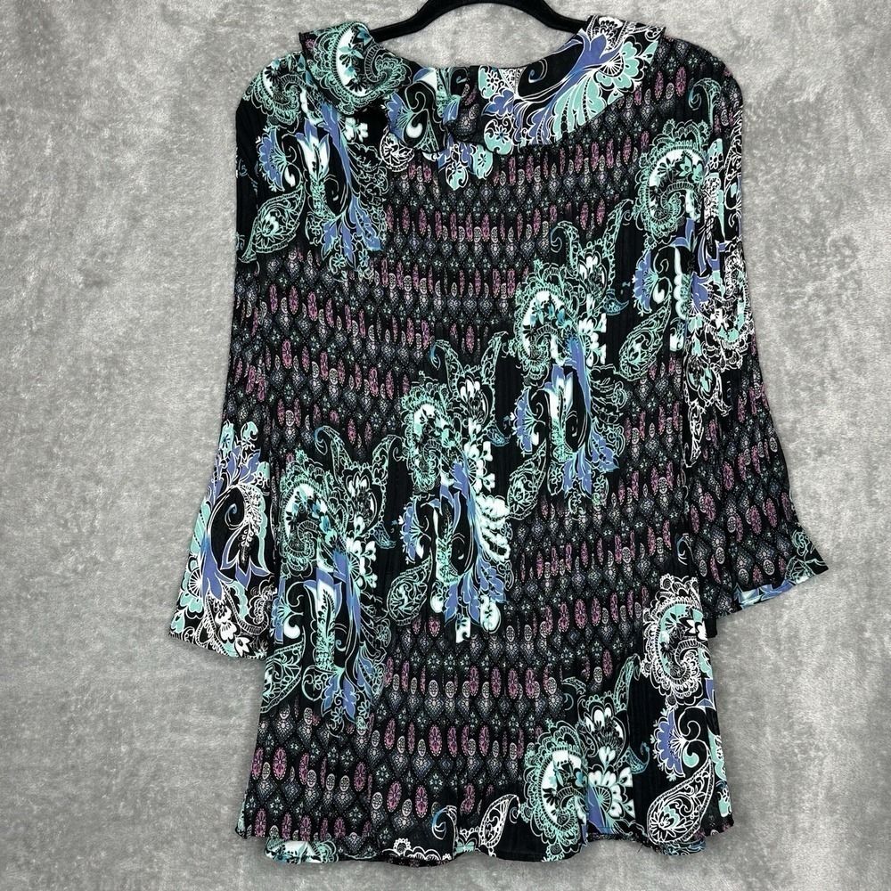Roamans 16W XL Shirt Top Black Green Paisley Button Up Bell 3/4 Sleeve V Neck - Picture 5 of 8